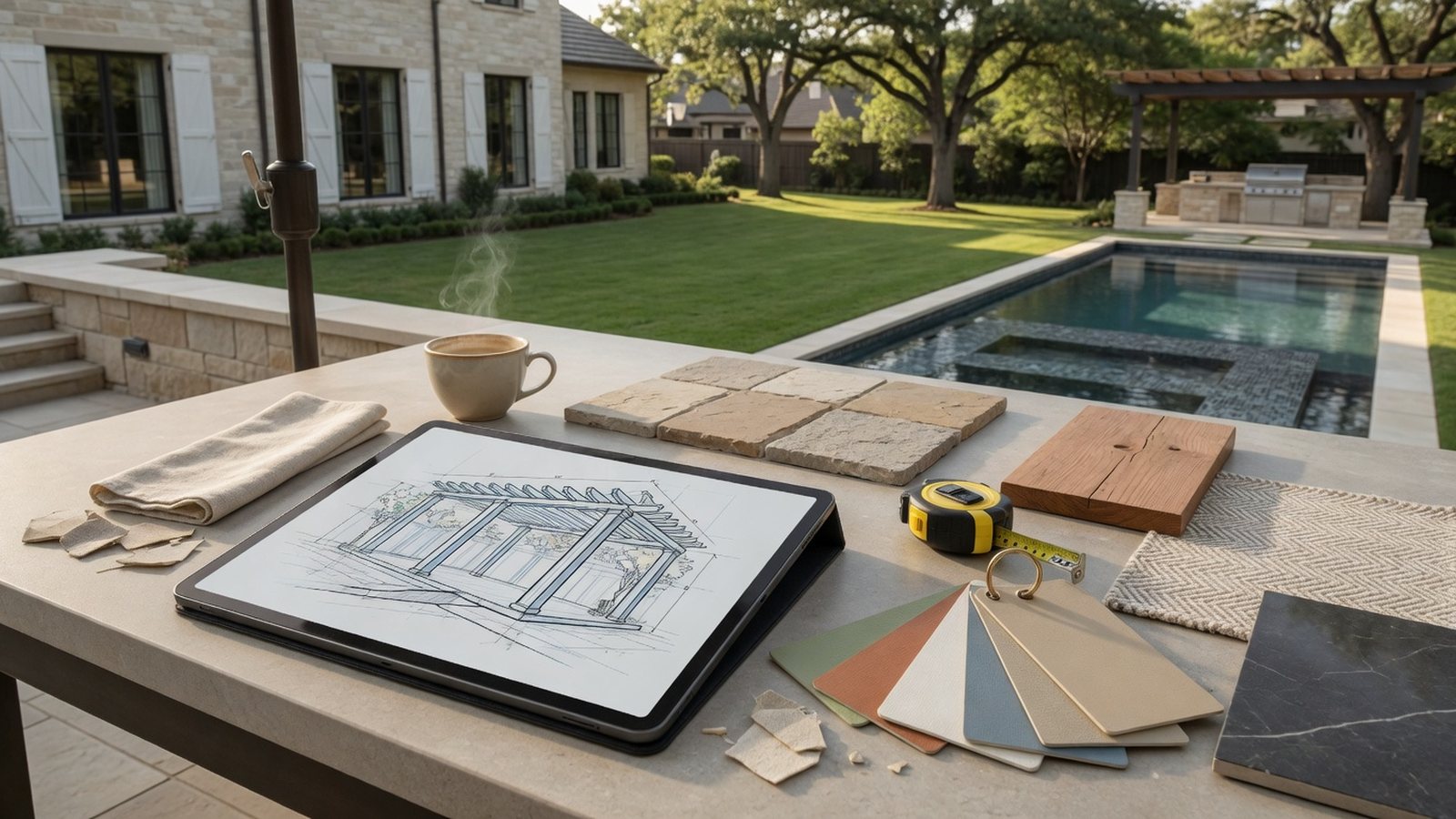 Outdoor living design plan and shade material samples on a patio table